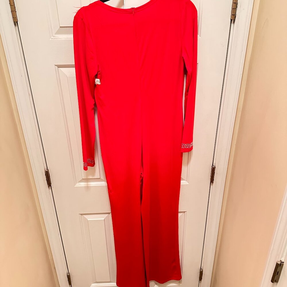 Red Feather-Trimmed Statement Jumpsuit - image 2